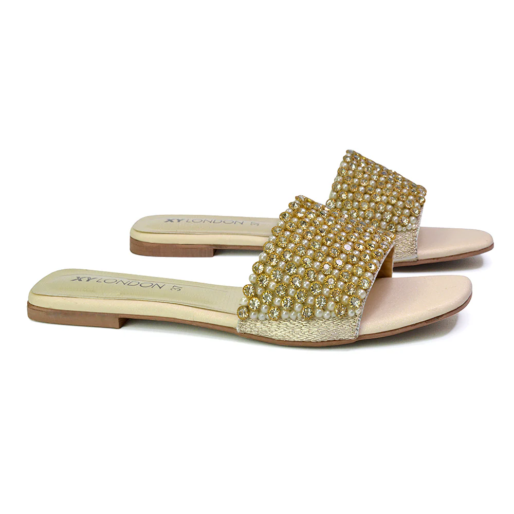 Daisy-Jones Slip On Slider Diamante Flat Sandals With Square Toe in Black - Image 147
