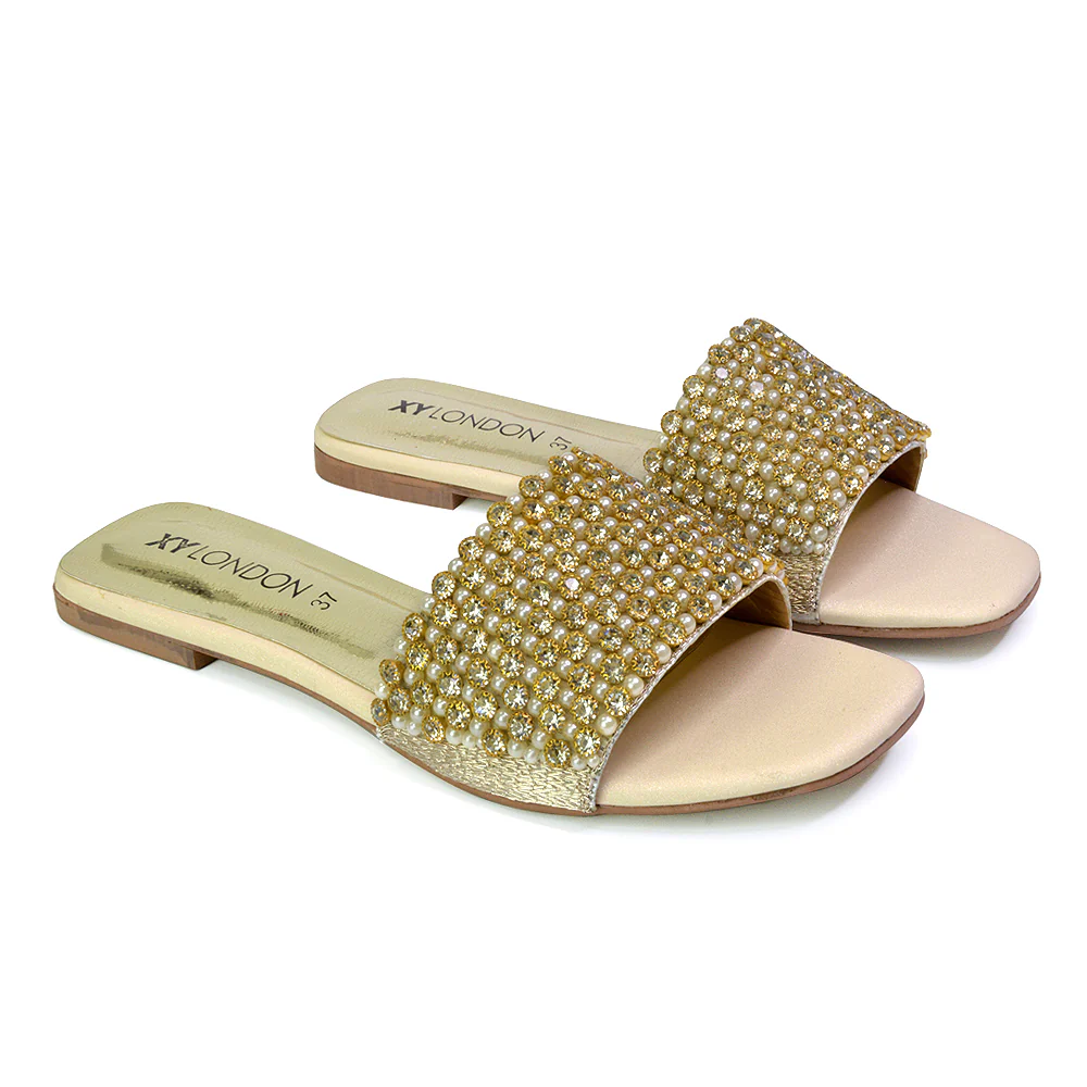 Daisy-Jones Slip On Slider Diamante Flat Sandals With Square Toe in Black - Image 156