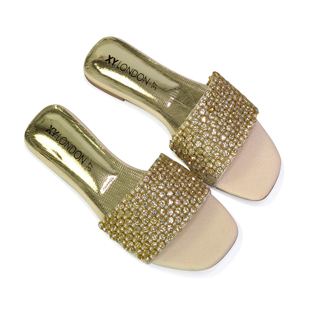 Daisy-Jones Slip On Slider Diamante Flat Sandals With Square Toe in Black - Image 164