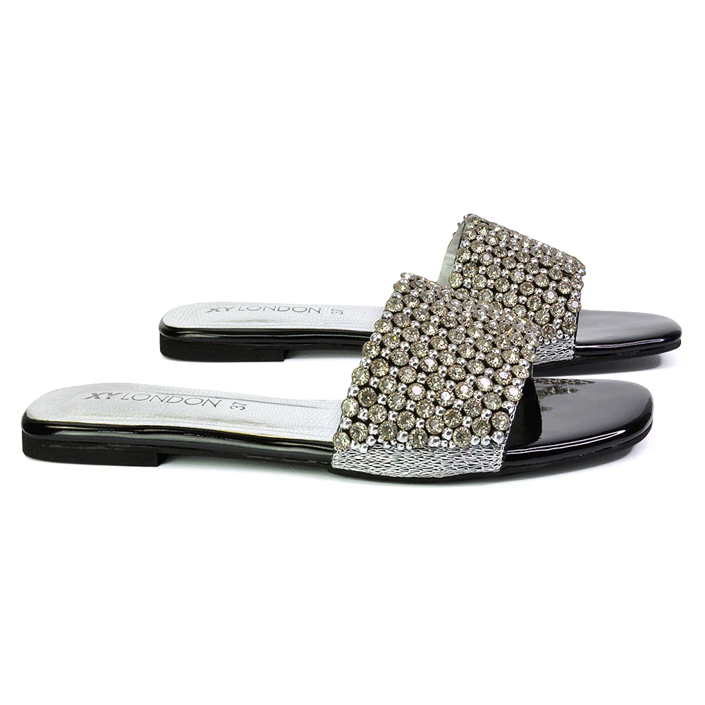 Daisy-Jones Slip On Slider Diamante Flat Sandals With Square Toe in Black - Image 189