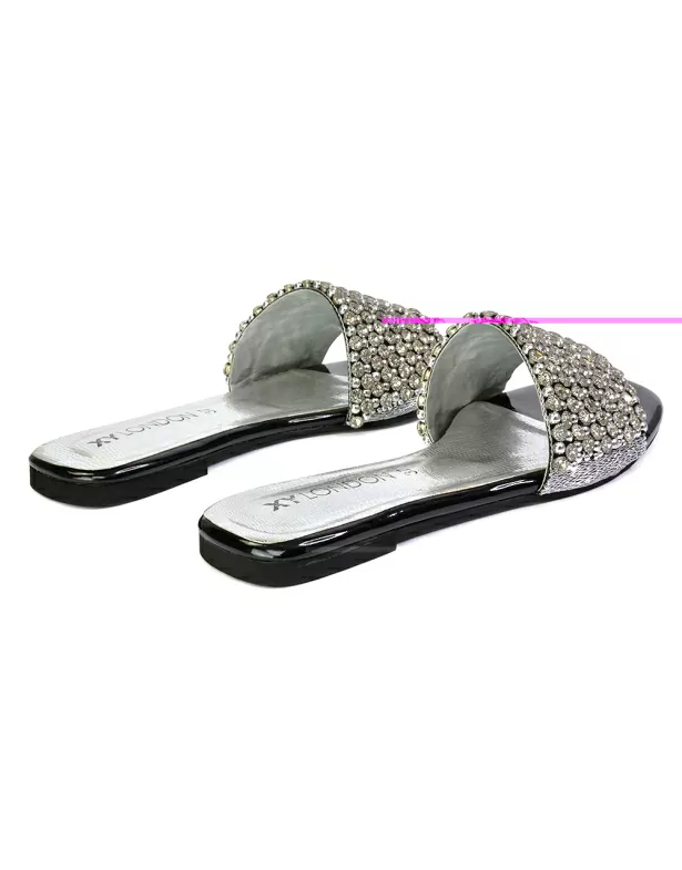 Daisy-Jones Slip On Slider Diamante Flat Sandals With Square Toe in Black - Image 2