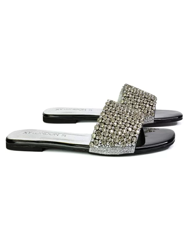 Daisy-Jones Slip On Slider Diamante Flat Sandals With Square Toe in Black - Image 3