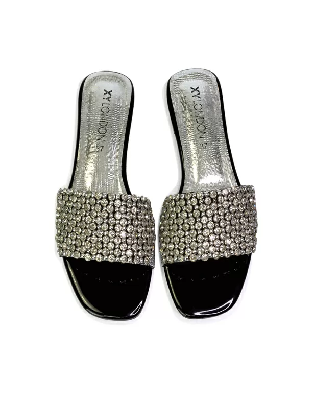 Daisy-Jones Slip On Slider Diamante Flat Sandals With Square Toe in Black - Image 4