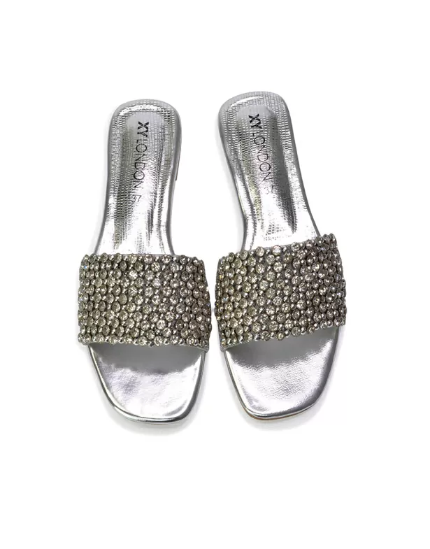 Daisy-Jones Slip On Slider Diamante Flat Sandals With Square Toe in Black - Image 6