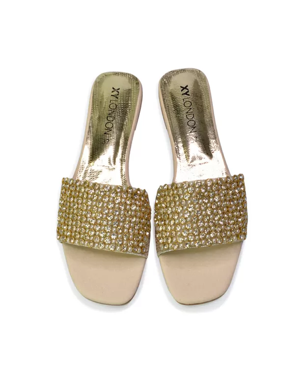 Daisy-Jones Slip On Slider Diamante Flat Sandals With Square Toe in Black - Image 8