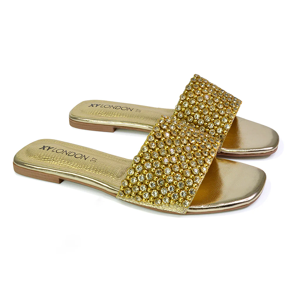 Daisy-Jones Slip On Slider Diamante Flat Sandals With Square Toe in Gold - Image 128