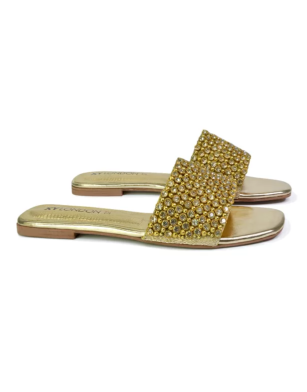 Daisy-Jones Slip On Slider Diamante Flat Sandals With Square Toe in Gold - Image 4