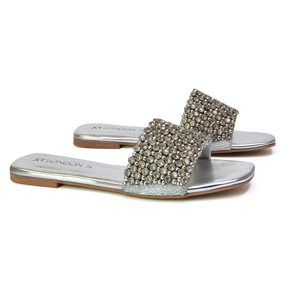 Daisy-Jones Slip On Slider Diamante Flat Sandals With Square Toe in Gold - Image 54