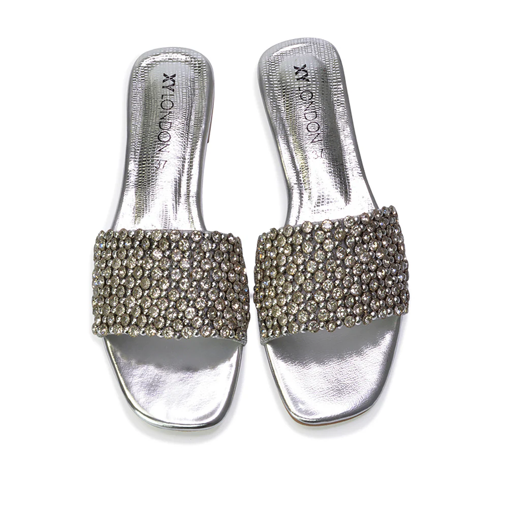 Daisy-Jones Slip On Slider Diamante Flat Sandals With Square Toe in Gold - Image 84