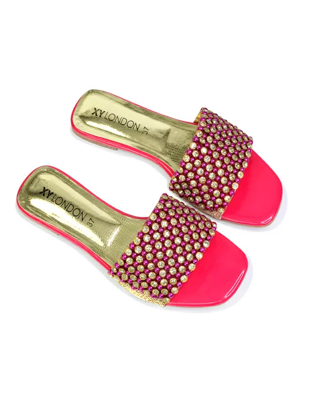 Daisy-Jones Slip On Slider Diamante Flat Sandals With Square Toe in Pink - Image 2