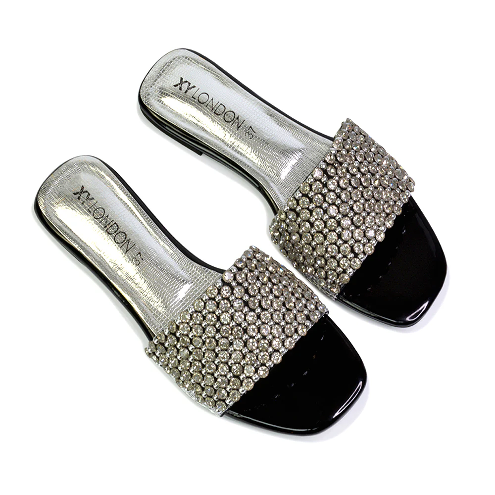 Daisy-Jones Slip On Slider Diamante Flat Sandals With Square Toe in Pink - Image 205