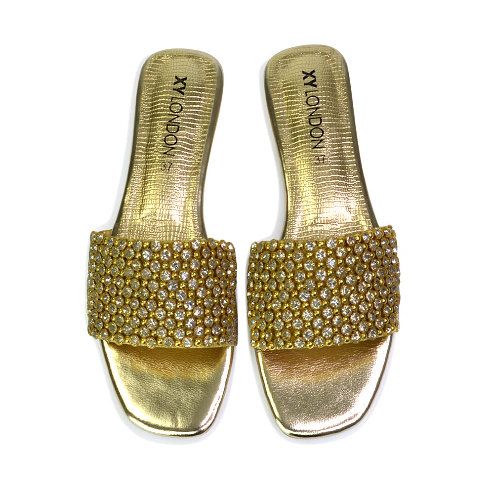 Daisy-Jones Slip On Slider Diamante Flat Sandals With Square Toe in Silver - Image 107
