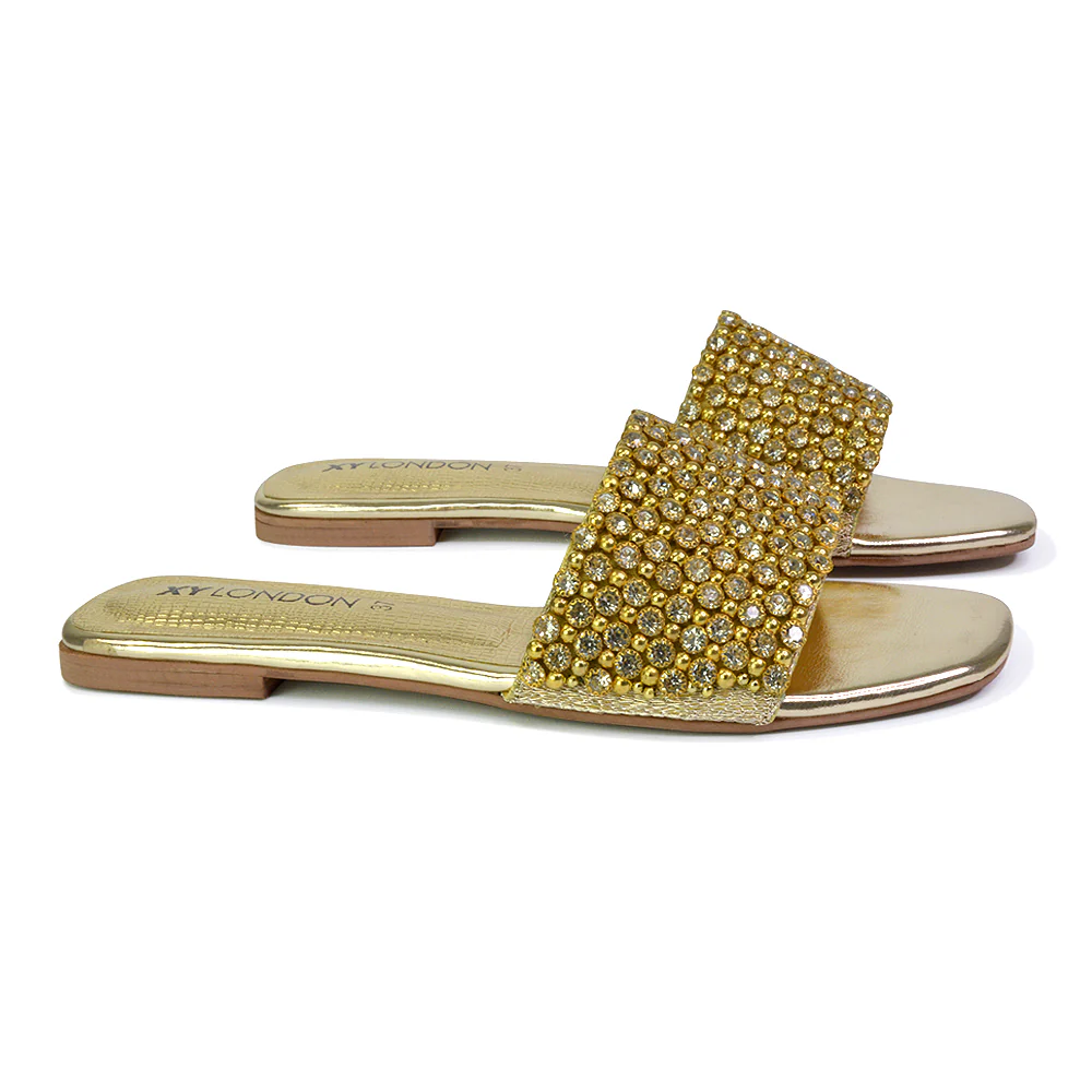 Daisy-Jones Slip On Slider Diamante Flat Sandals With Square Toe in Silver - Image 112