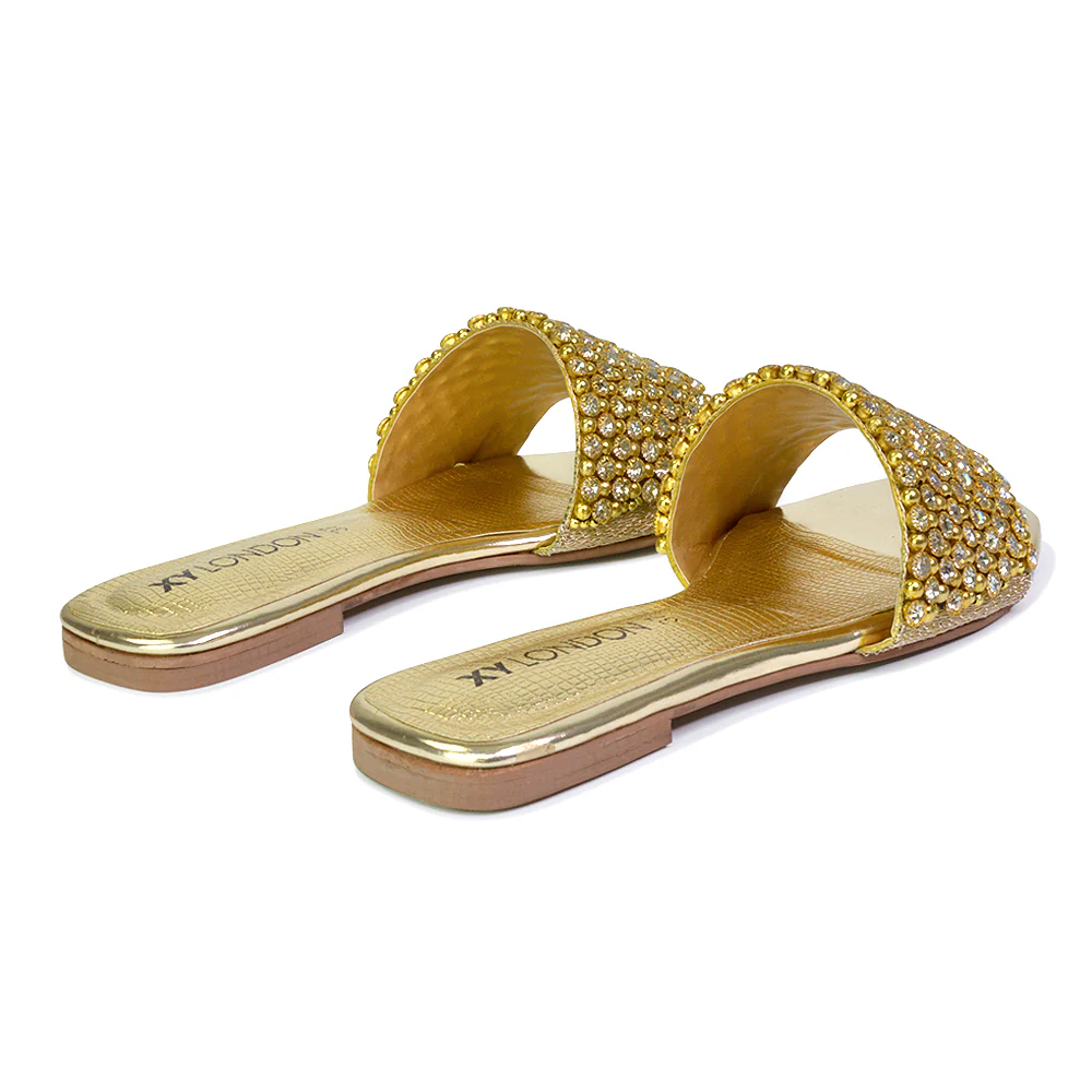 Daisy-Jones Slip On Slider Diamante Flat Sandals With Square Toe in Silver - Image 116