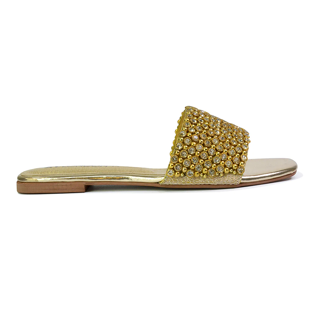 Daisy-Jones Slip On Slider Diamante Flat Sandals With Square Toe in Silver - Image 120