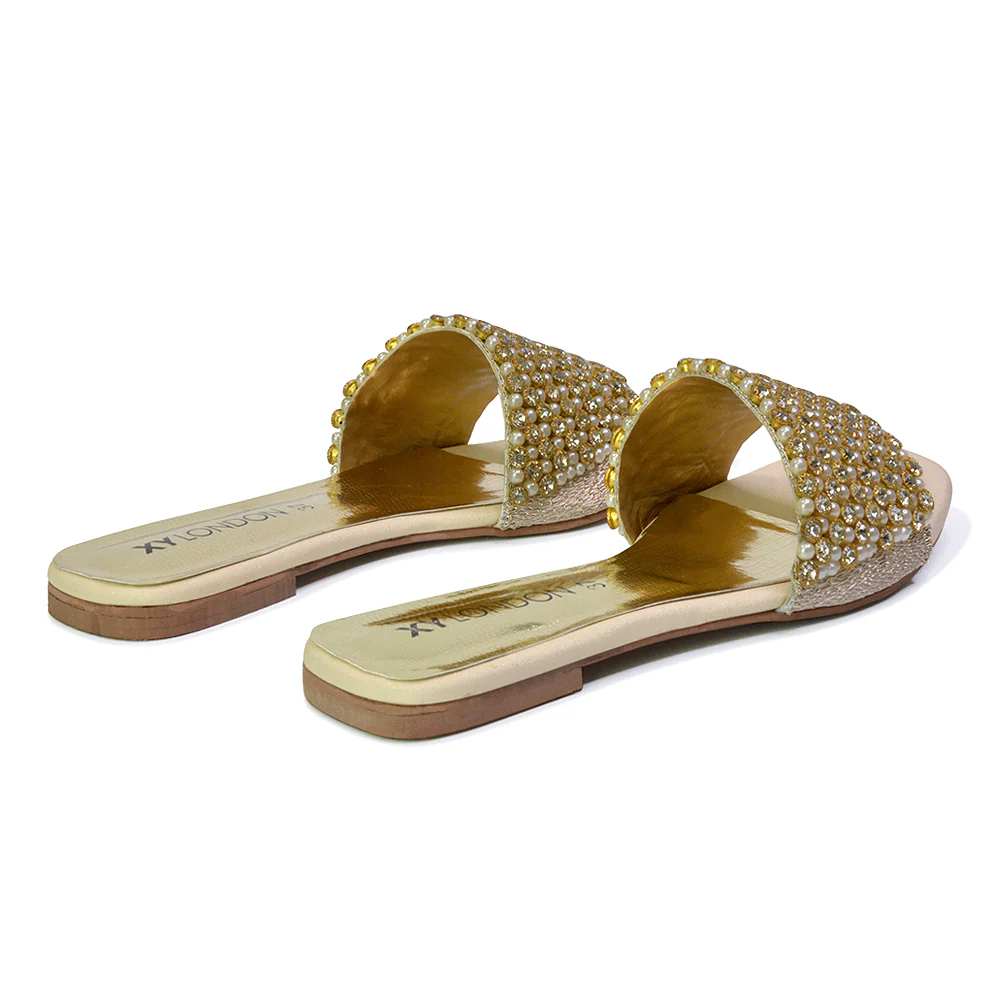 Daisy-Jones Slip On Slider Diamante Flat Sandals With Square Toe in Silver - Image 152