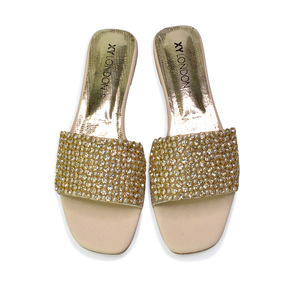 Daisy-Jones Slip On Slider Diamante Flat Sandals With Square Toe in Silver - Image 172