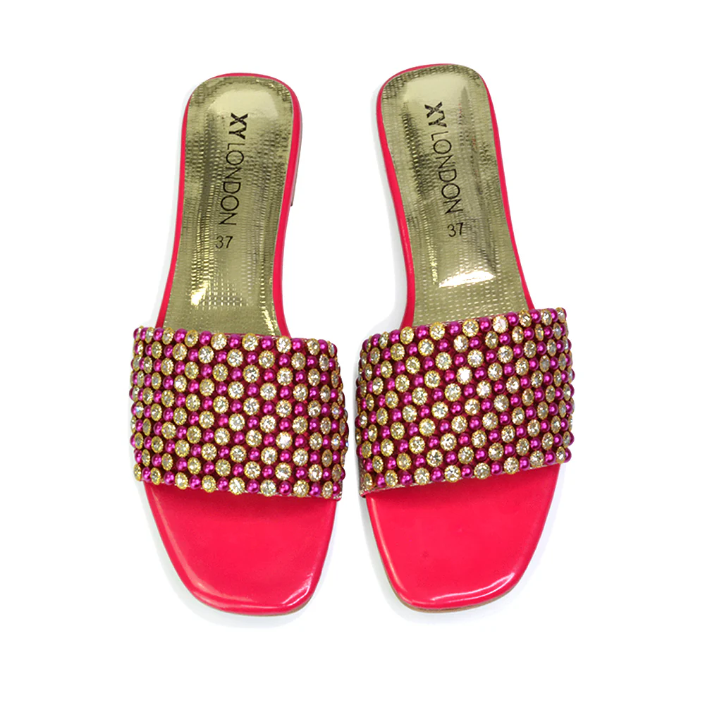 Daisy-Jones Slip On Slider Diamante Flat Sandals With Square Toe in Silver - Image 19
