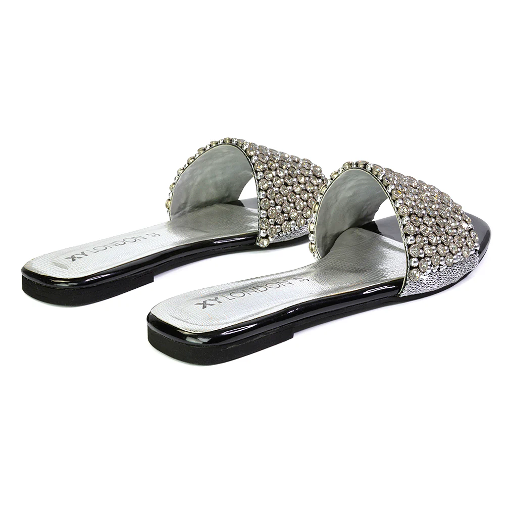 Daisy-Jones Slip On Slider Diamante Flat Sandals With Square Toe in Silver - Image 192