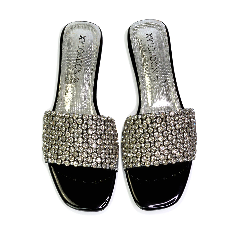 Daisy-Jones Slip On Slider Diamante Flat Sandals With Square Toe in Silver - Image 195