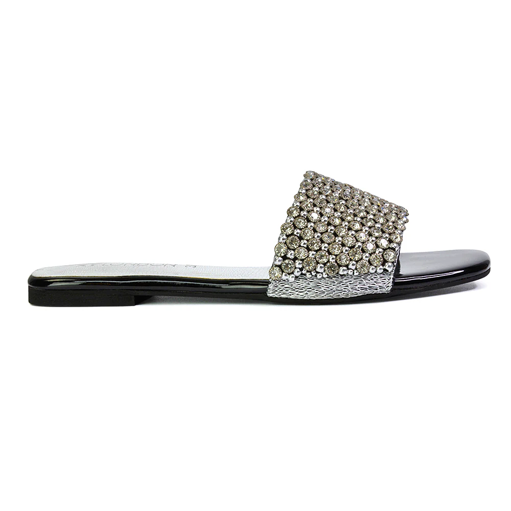 Daisy-Jones Slip On Slider Diamante Flat Sandals With Square Toe in Silver - Image 196