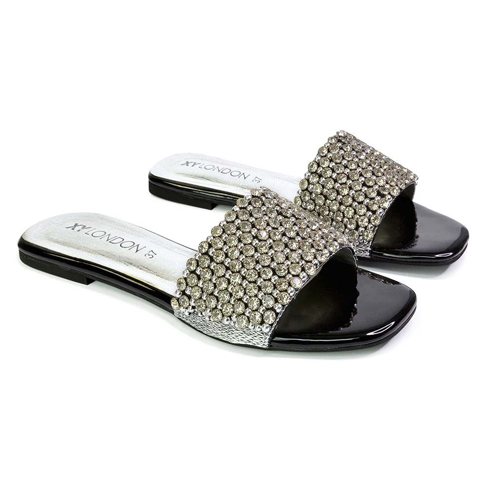 Daisy-Jones Slip On Slider Diamante Flat Sandals With Square Toe in Silver - Image 209