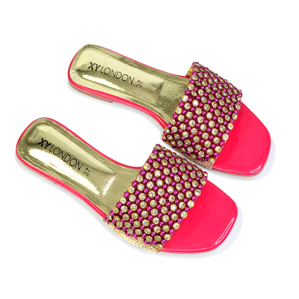 Daisy-Jones Slip On Slider Diamante Flat Sandals With Square Toe in Silver - Image 29
