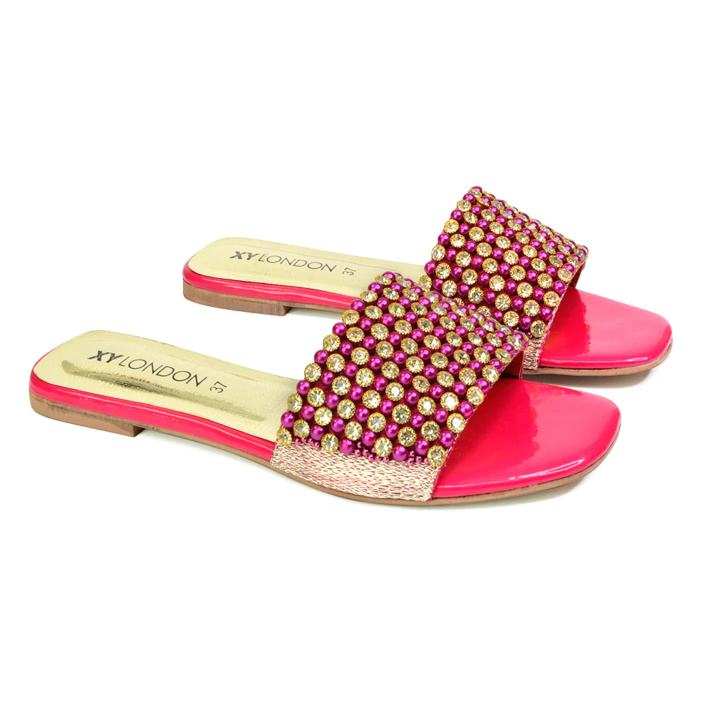 Daisy-Jones Slip On Slider Diamante Flat Sandals With Square Toe in Silver - Image 33