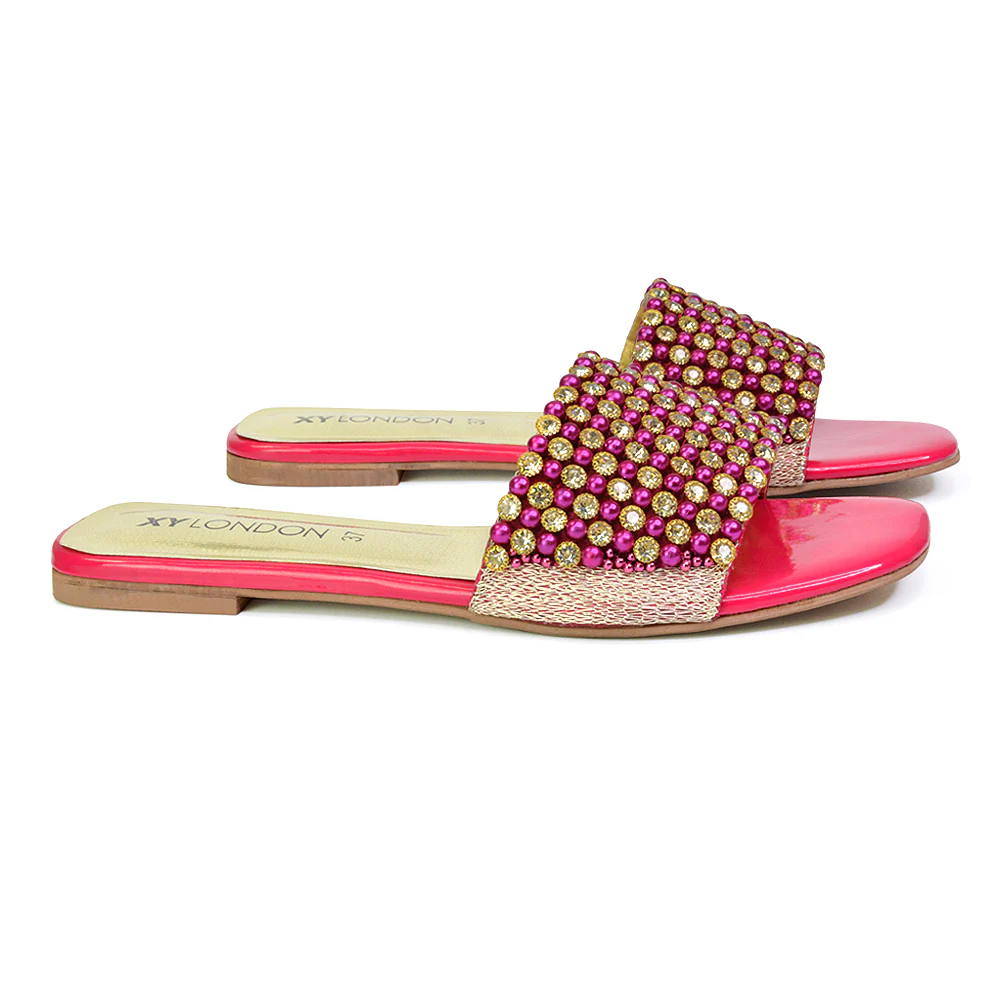 Daisy-Jones Slip On Slider Diamante Flat Sandals With Square Toe in Silver - Image 36