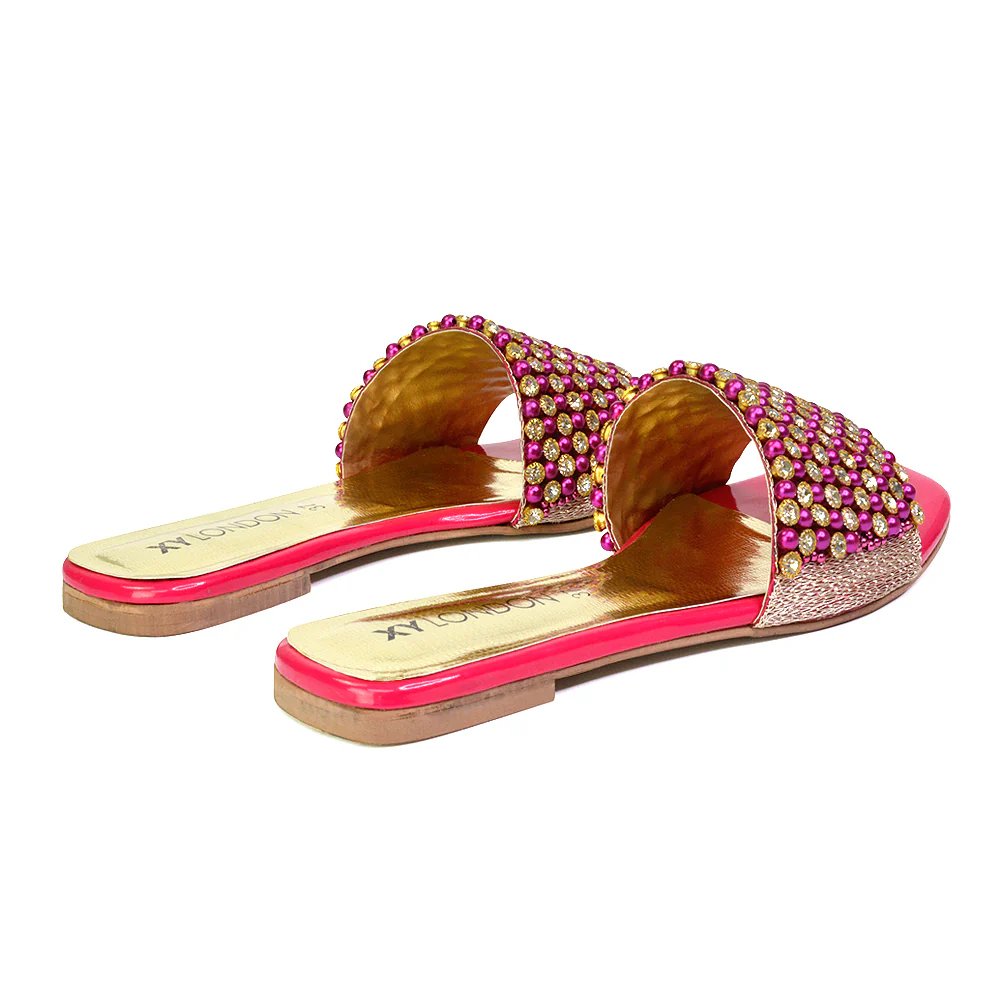 Daisy-Jones Slip On Slider Diamante Flat Sandals With Square Toe in Silver - Image 39