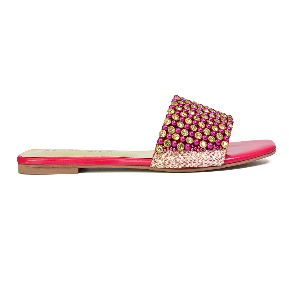 Daisy-Jones Slip On Slider Diamante Flat Sandals With Square Toe in Silver - Image 43