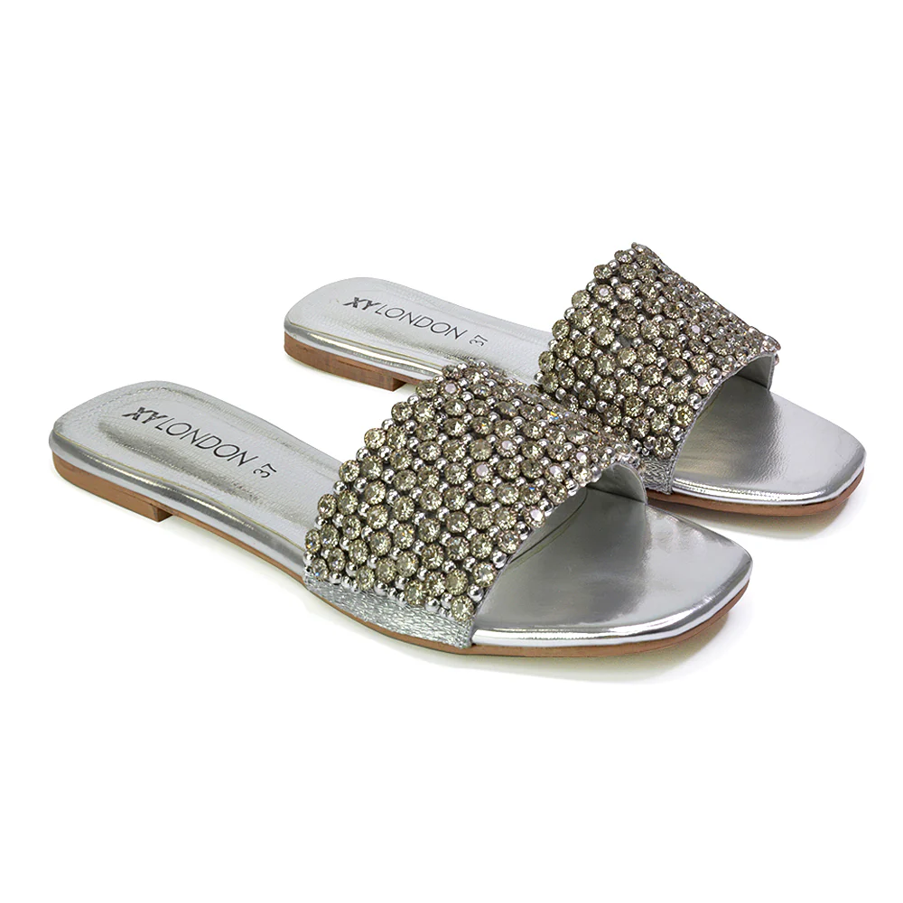 Daisy-Jones Slip On Slider Diamante Flat Sandals With Square Toe in Silver - Image 56