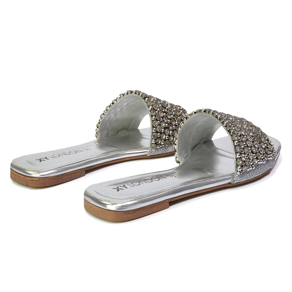 Daisy-Jones Slip On Slider Diamante Flat Sandals With Square Toe in Silver - Image 69
