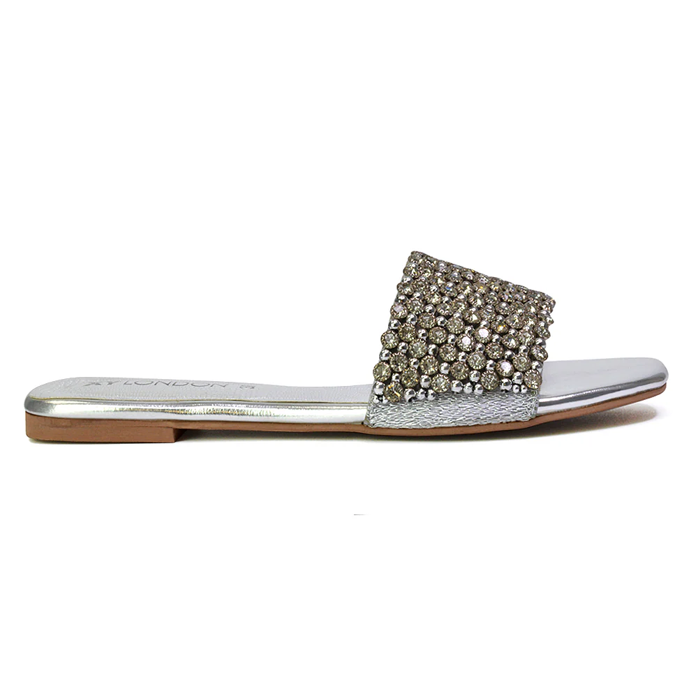 Daisy-Jones Slip On Slider Diamante Flat Sandals With Square Toe in Silver - Image 79