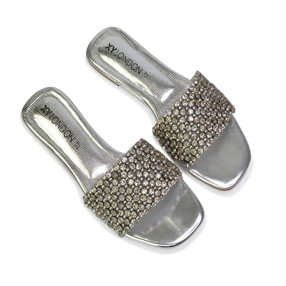 Daisy-Jones Slip On Slider Diamante Flat Sandals With Square Toe in Silver - Image 94