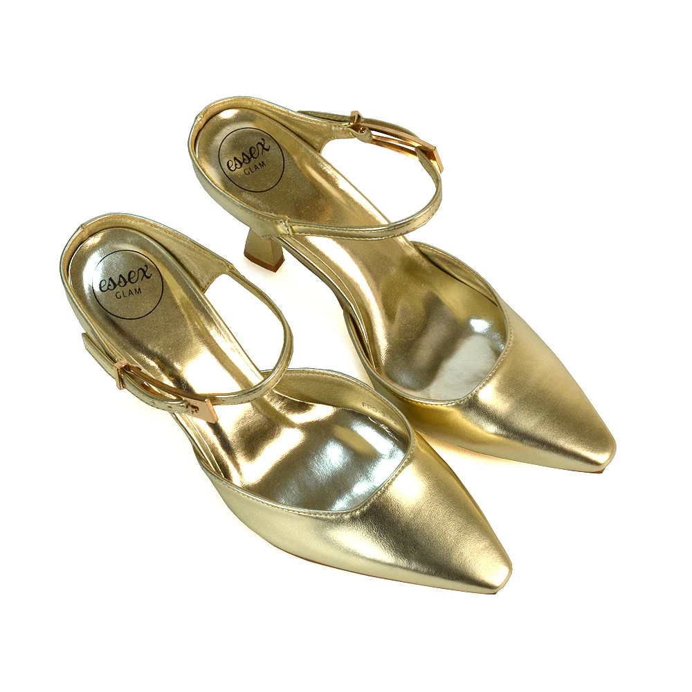 Daisy Stiletto High Heel Strappy Pointed Toe Slip On Shoes in Gold Metallic - Image 6