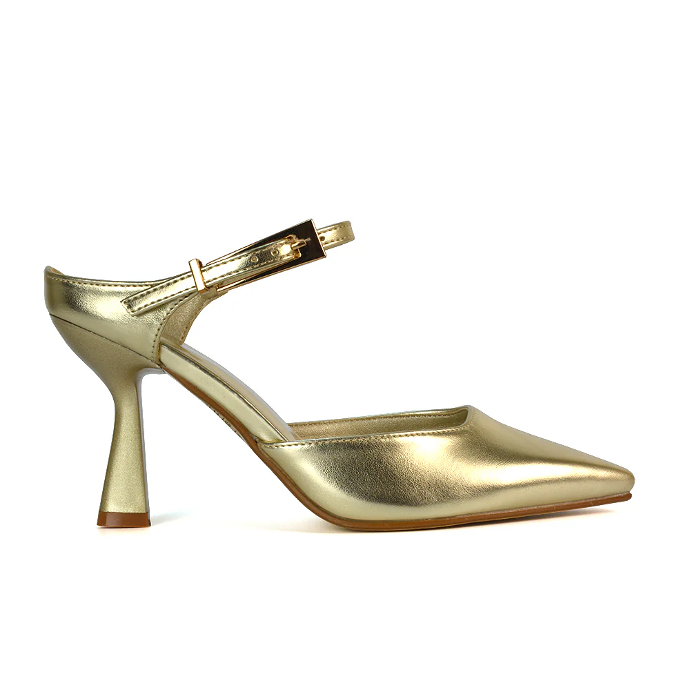 Daisy Stiletto High Heel Strappy Pointed Toe Slip On Shoes in Gold Metallic - Image 7