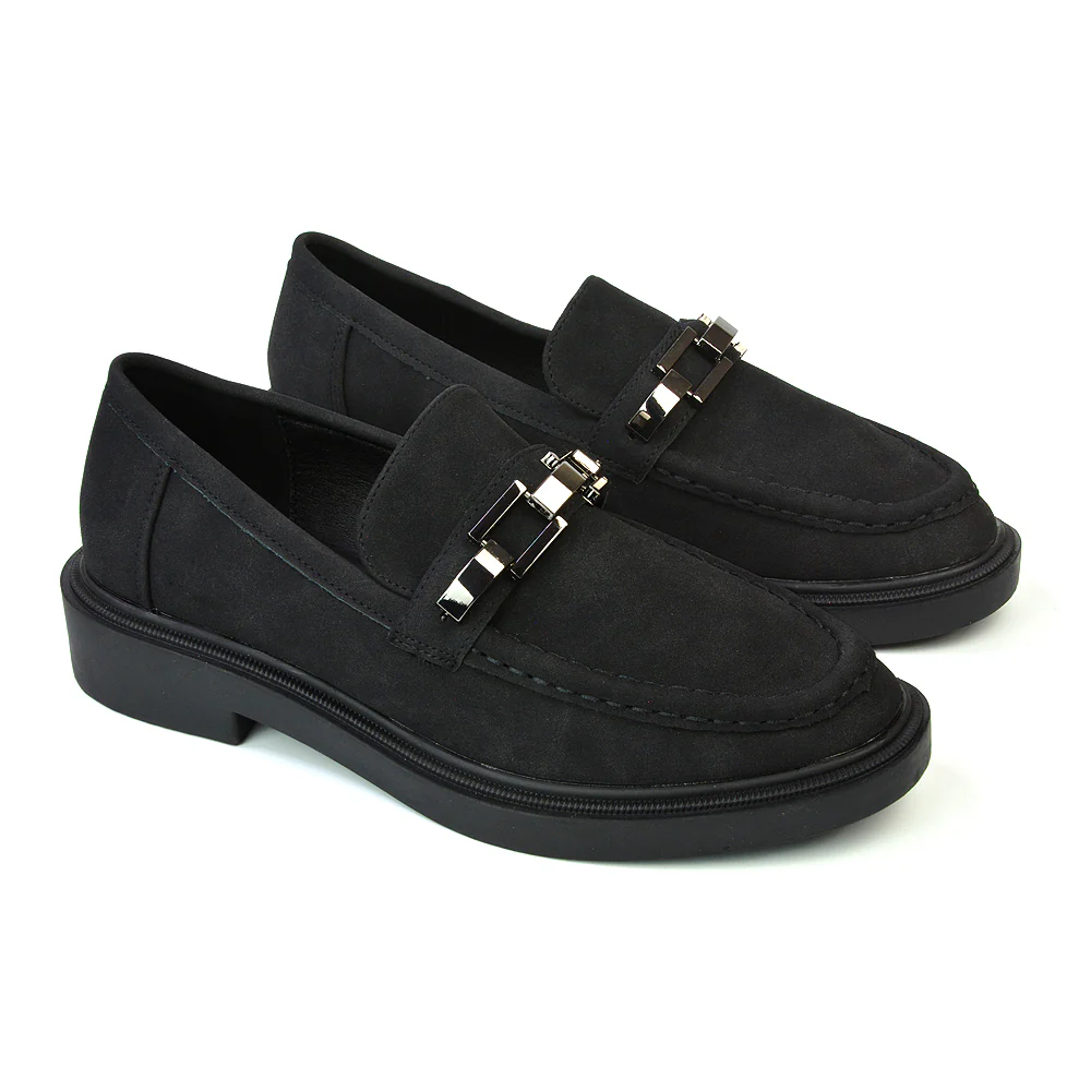 Dakoa Gold Chain Detail Back to School Shoes Chunky Loafers in Tan Faux Suede - Image 10