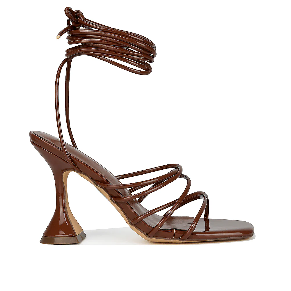 Dakota Lace Up Sculptured Strappy Square Toe Party High Heel Sandals in Black Patent - Image 103