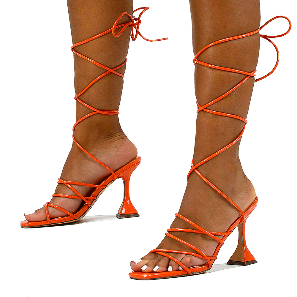 Dakota Lace Up Sculptured Strappy Square Toe Party High Heel Sandals in Black Patent - Image 149