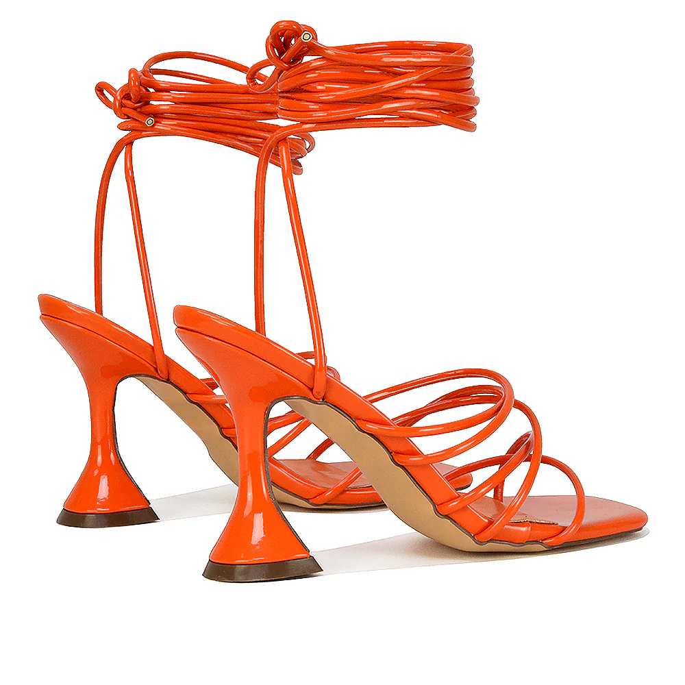 Dakota Lace Up Sculptured Strappy Square Toe Party High Heel Sandals in Black Patent - Image 183