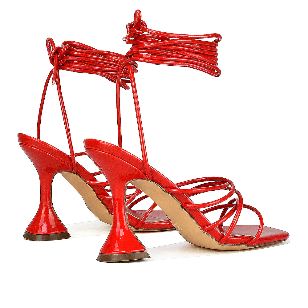 Dakota Lace Up Sculptured Strappy Square Toe Party High Heel Sandals in Black Patent - Image 33