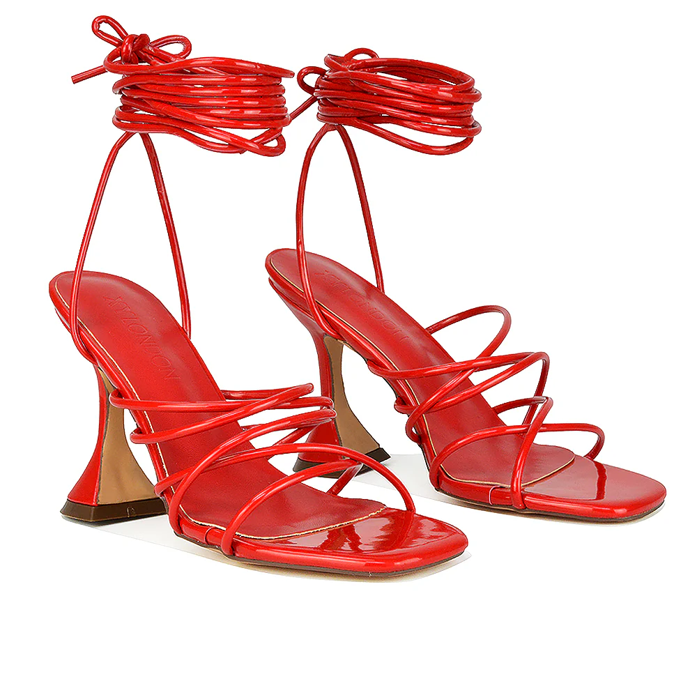 Dakota Lace Up Sculptured Strappy Square Toe Party High Heel Sandals in Brown Patent - Image 32