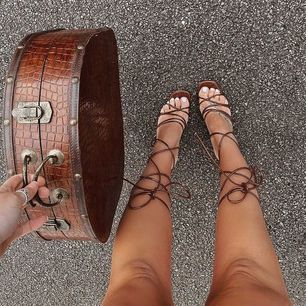 Dakota Lace Up Sculptured Strappy Square Toe Party High Heel Sandals in Brown Patent - Image 9
