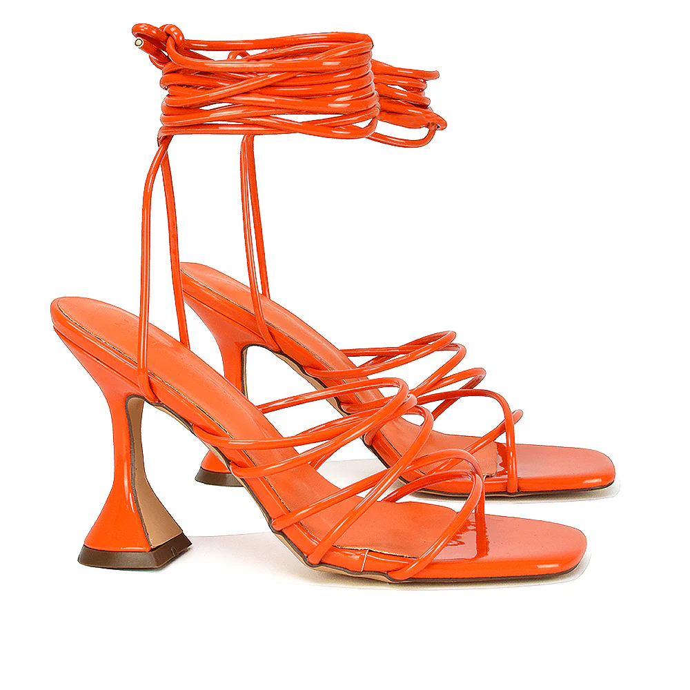 Dakota Lace Up Sculptured Strappy Square Toe Party High Heel Sandals in Orange Patent - Image 145