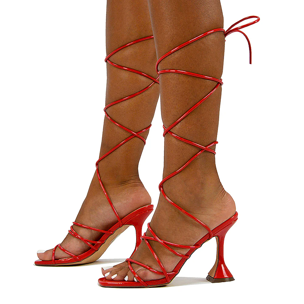Dakota Lace Up Sculptured Strappy Square Toe Party High Heel Sandals in Orange Patent - Image 43