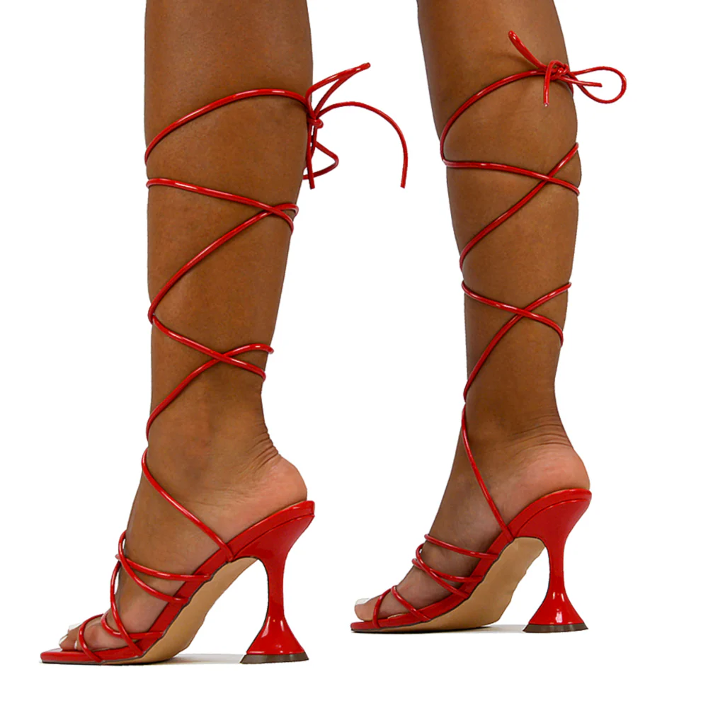 Dakota Lace Up Sculptured Strappy Square Toe Party High Heel Sandals in Red Patent - Image 35