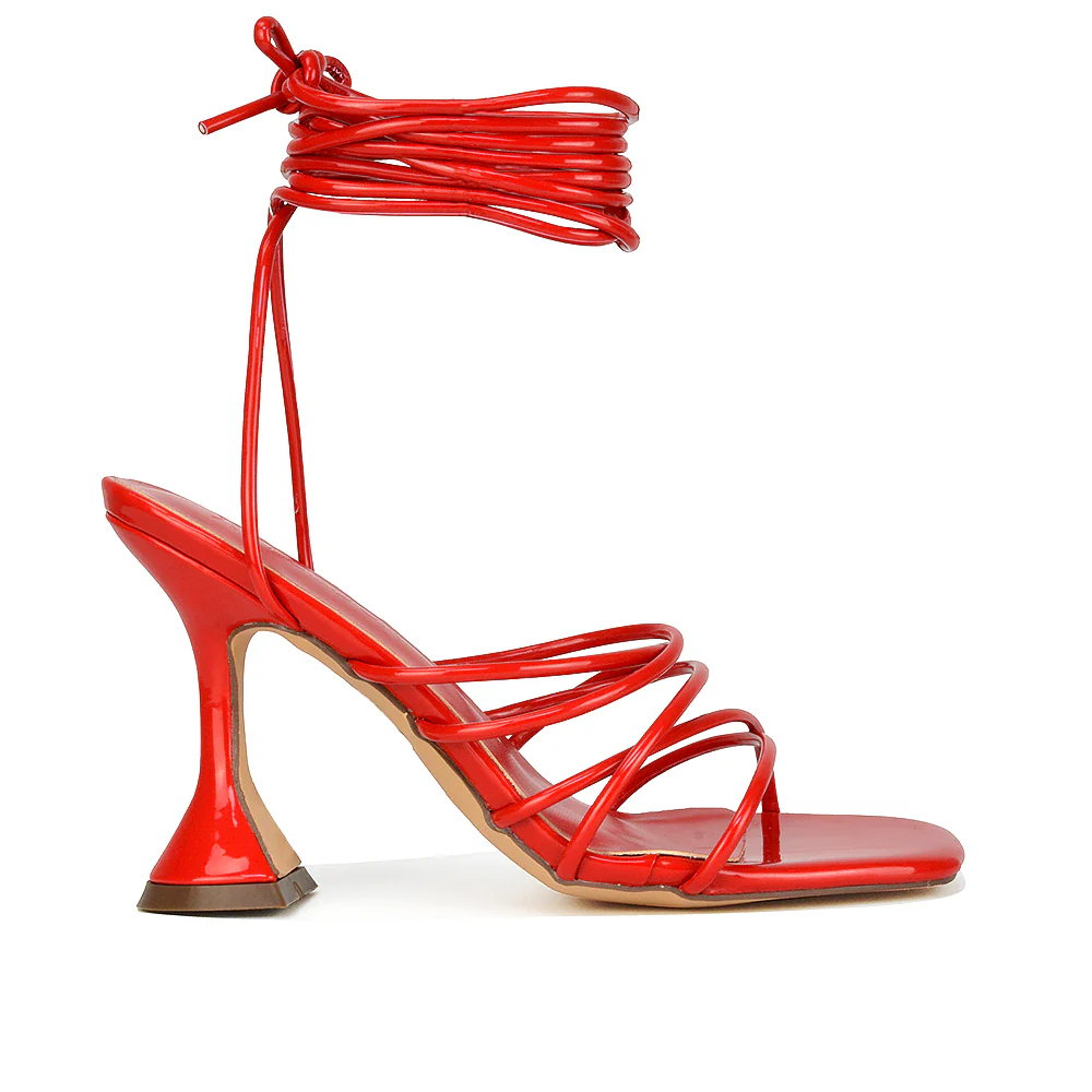 Dakota Lace Up Sculptured Strappy Square Toe Party High Heel Sandals in Red Patent - Image 46