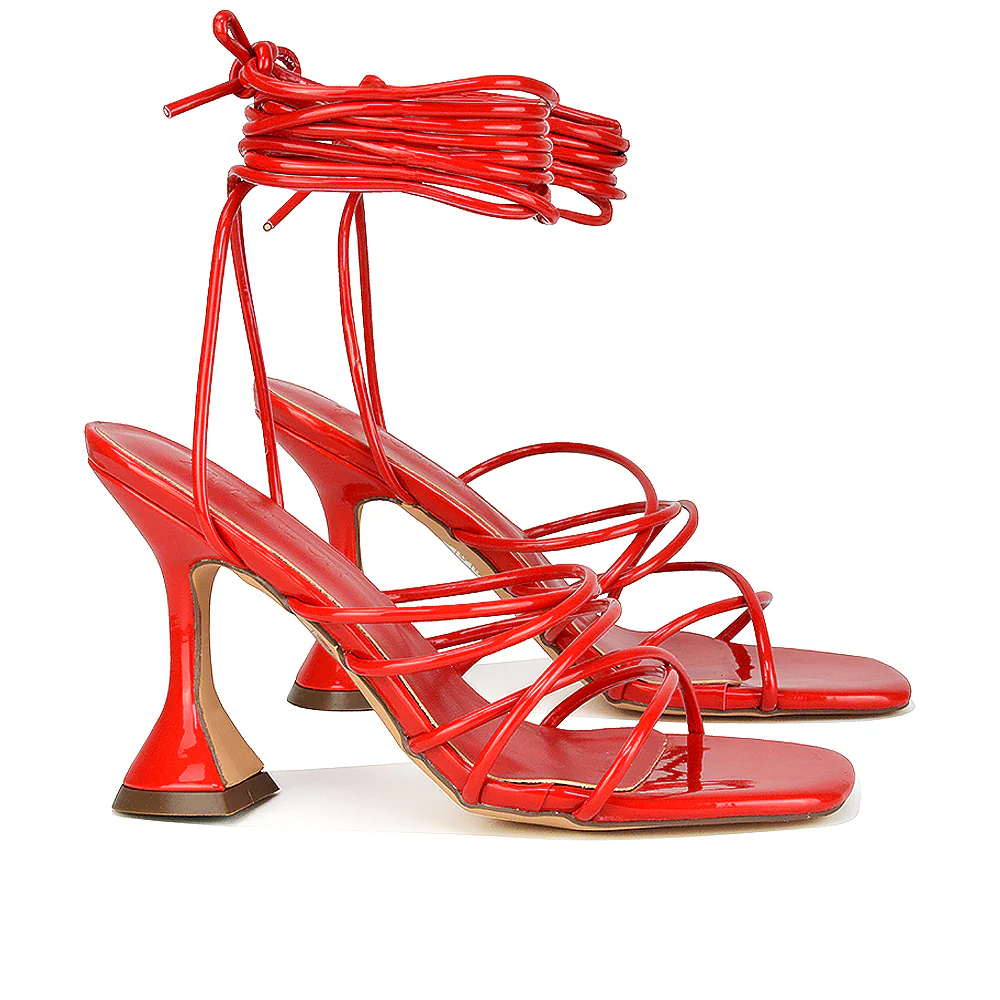 Dakota Lace Up Sculptured Strappy Square Toe Party High Heel Sandals in Red Patent - Image 55
