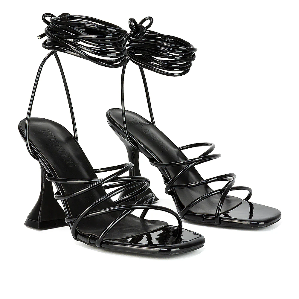 Dakota Lace Up Sculptured Strappy Square Toe Party High Heel Sandals in White Patent - Image 196
